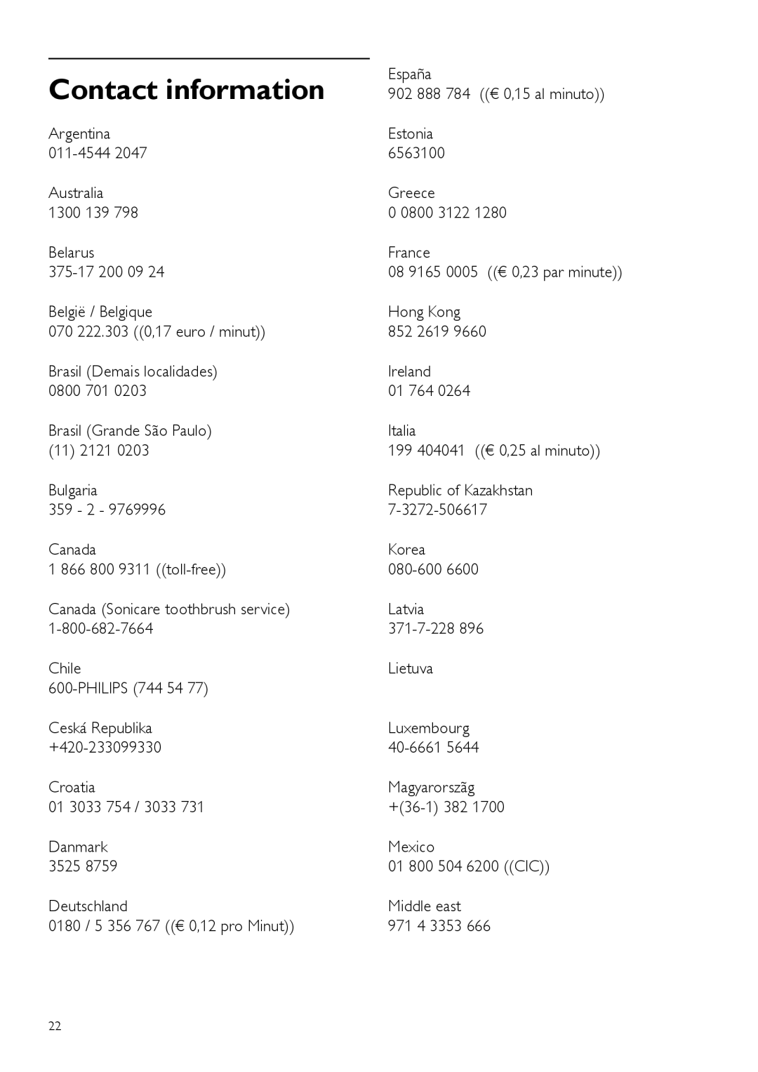 Philips WP3892, WP3893 manual Contact information 