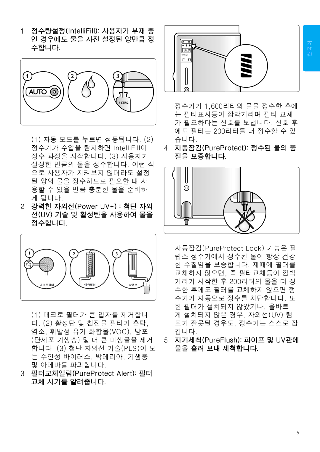 Philips WP3893 정수량설정IntelliFill 사용자가 부재 중 인 경우에도 물을 사전 설정된 양만큼 정 수합니다, 자동잠김PureProtect 정수된 물의 품, 질을 보증합니다, 물을 흘려 보내 세척합니다 