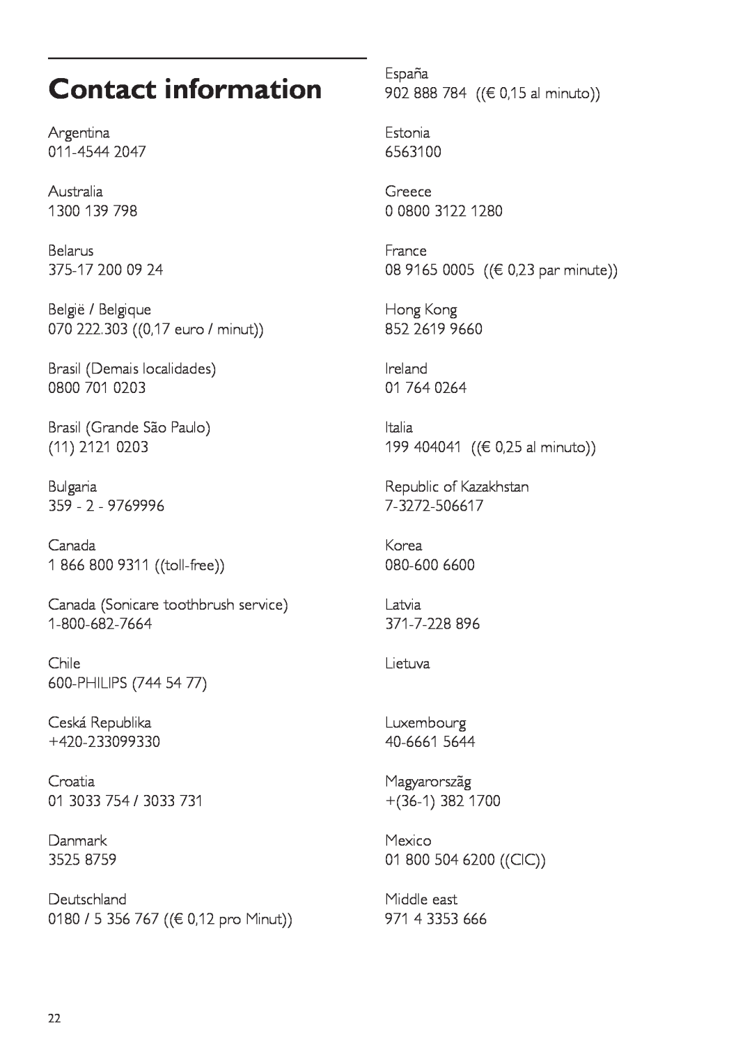 Philips WP3892, WP3893 manual Contact information 