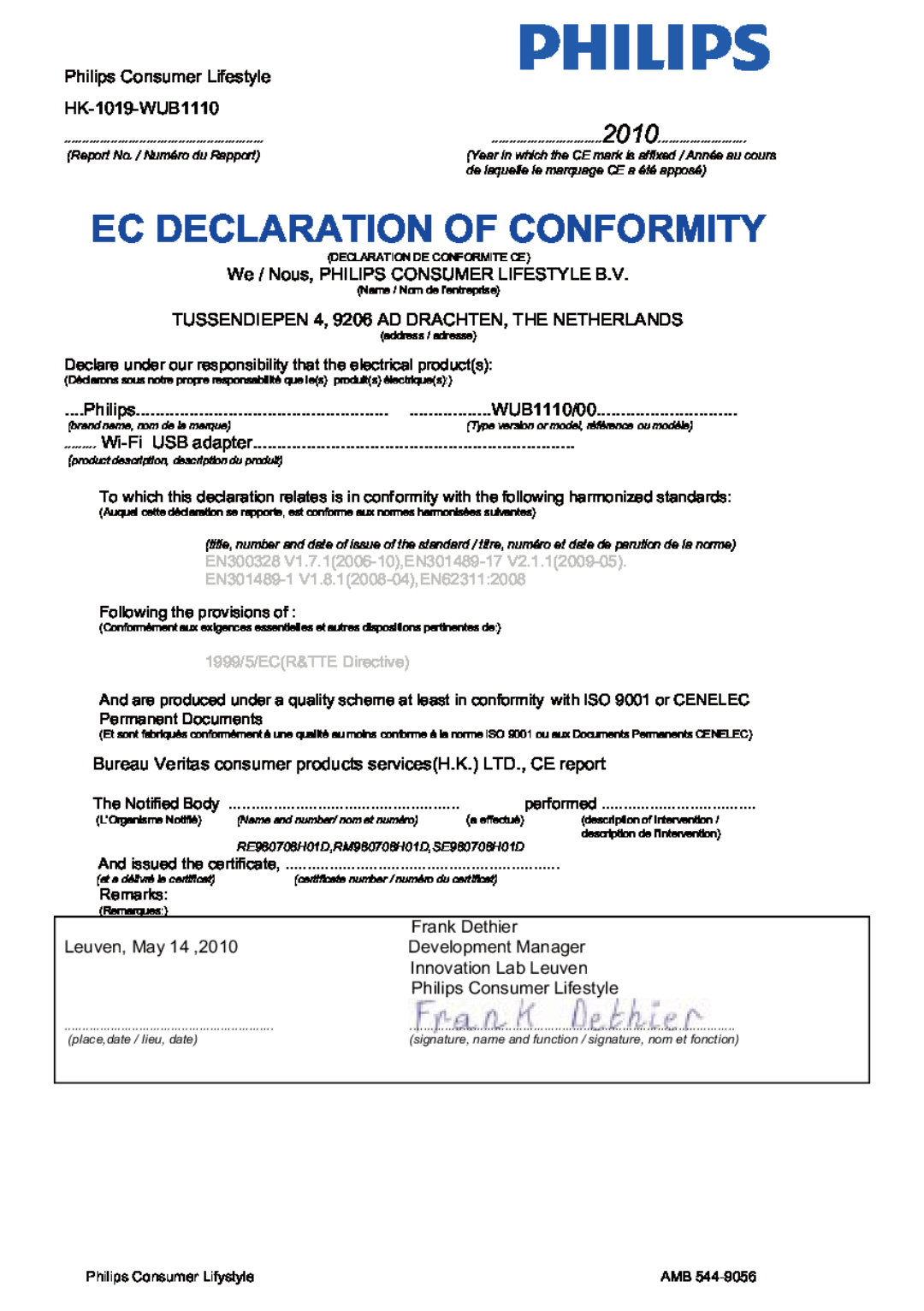 Philips WUB1110 Ec Declaration Of Conformity, EN300328 V1.7.12006-10,EN301489-17, EN301489-1 V1.8.12008-04,EN62311 