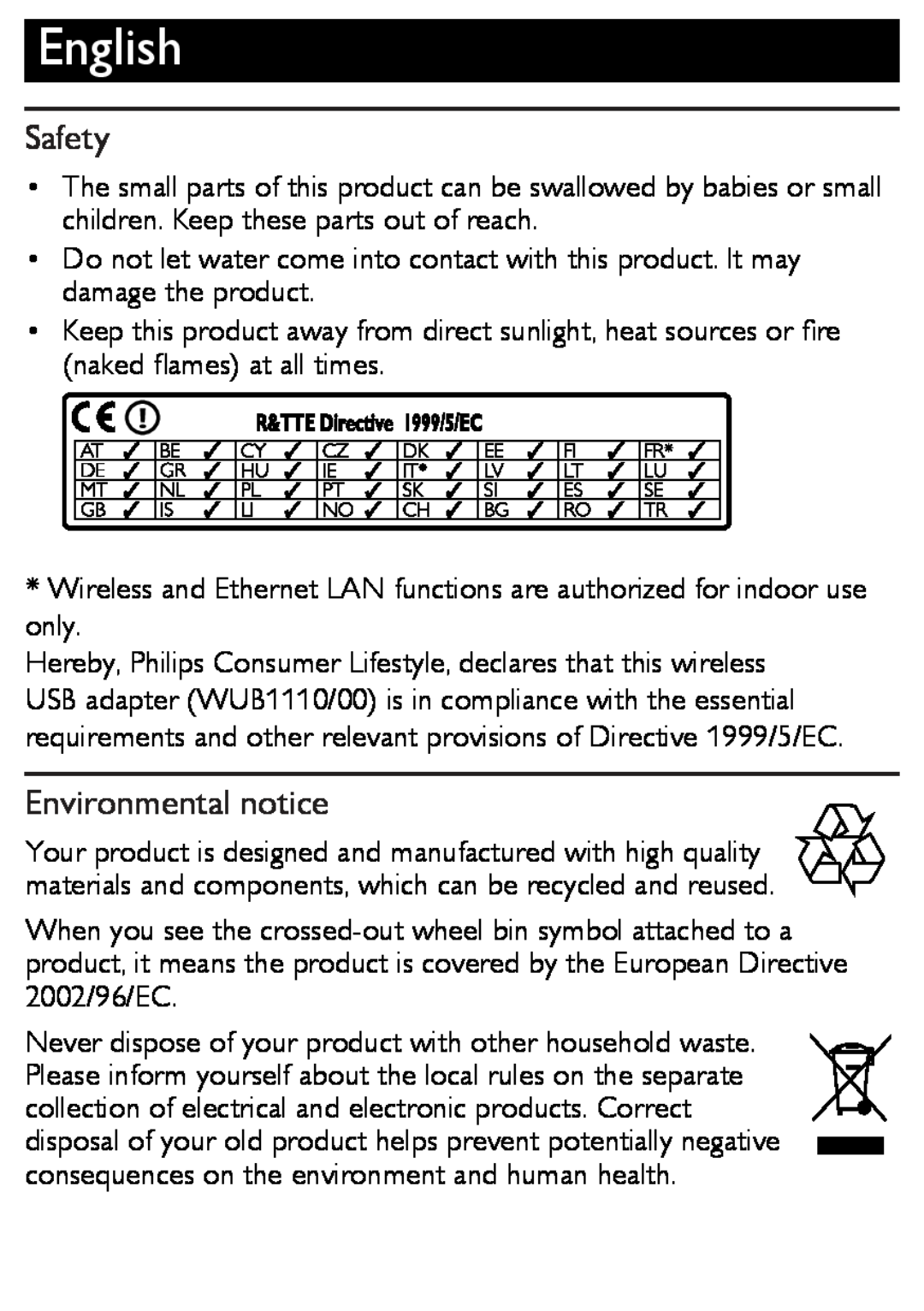 Philips WUB1110/00 user manual Safety, Environmental notice, English 