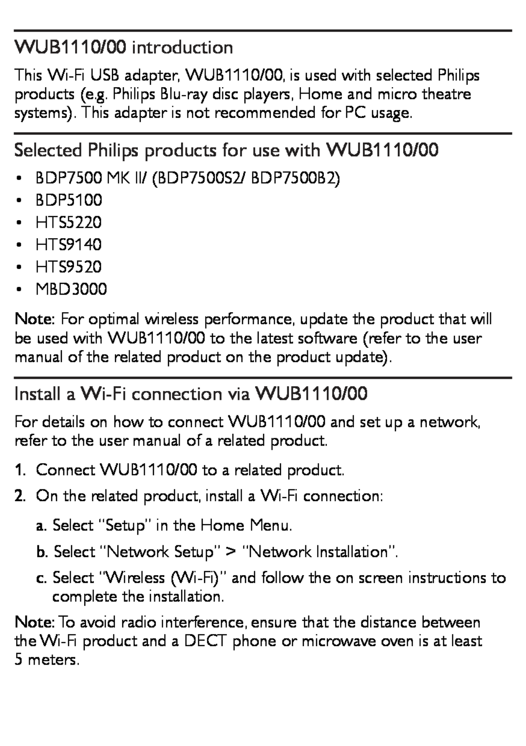 Philips user manual WUB1110/00 introduction, Selected Philips products for use with WUB1110/00 