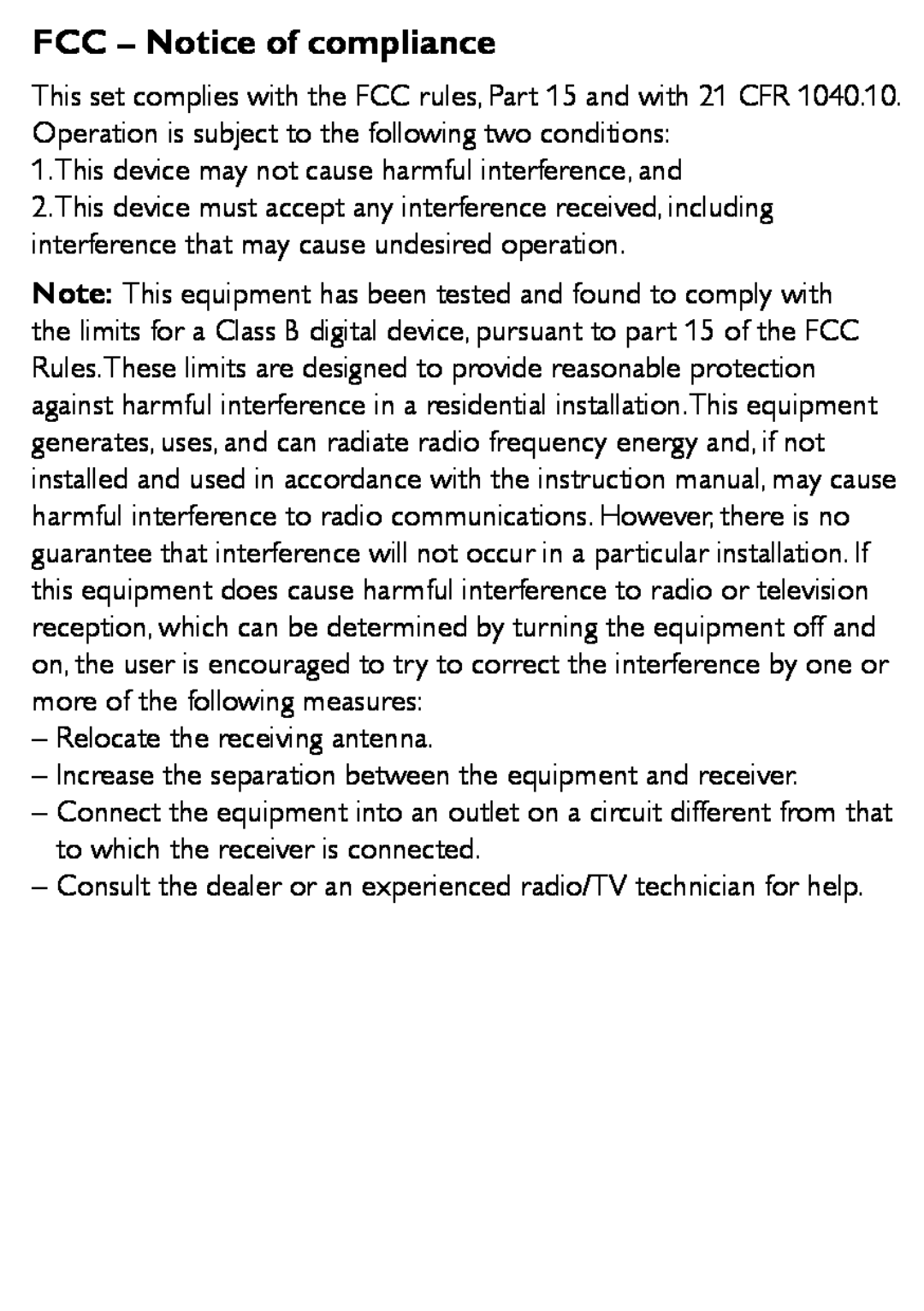 Philips WUB1110/00 user manual FCC - Notice of compliance 