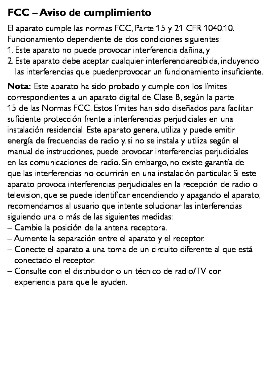 Philips WUB1110/00 user manual FCC - Aviso de cumplimiento 