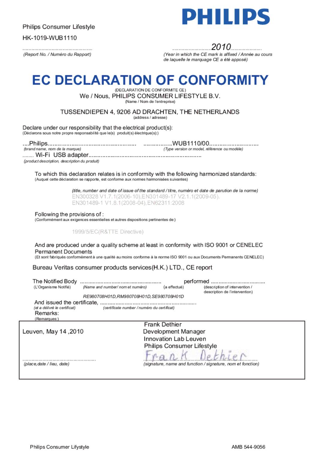 Philips WUB1110/00 user manual EC Declaration of Conformity 