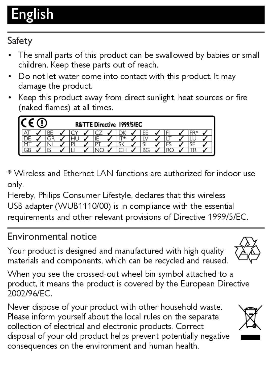 Philips WUB1110/00 user manual Safety, Environmental notice 