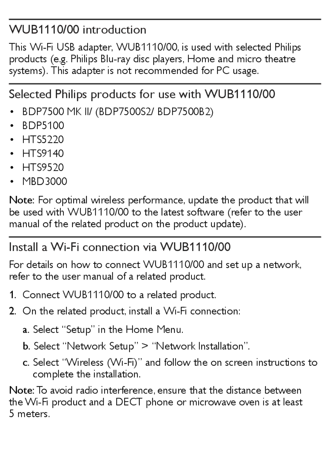 Philips user manual WUB1110/00 introduction, Selected Philips products for use with WUB1110/00 