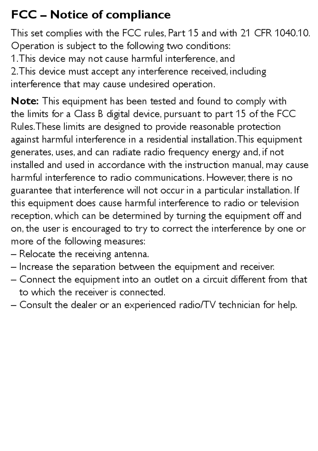 Philips WUB1110/00 user manual FCC Notice of compliance 