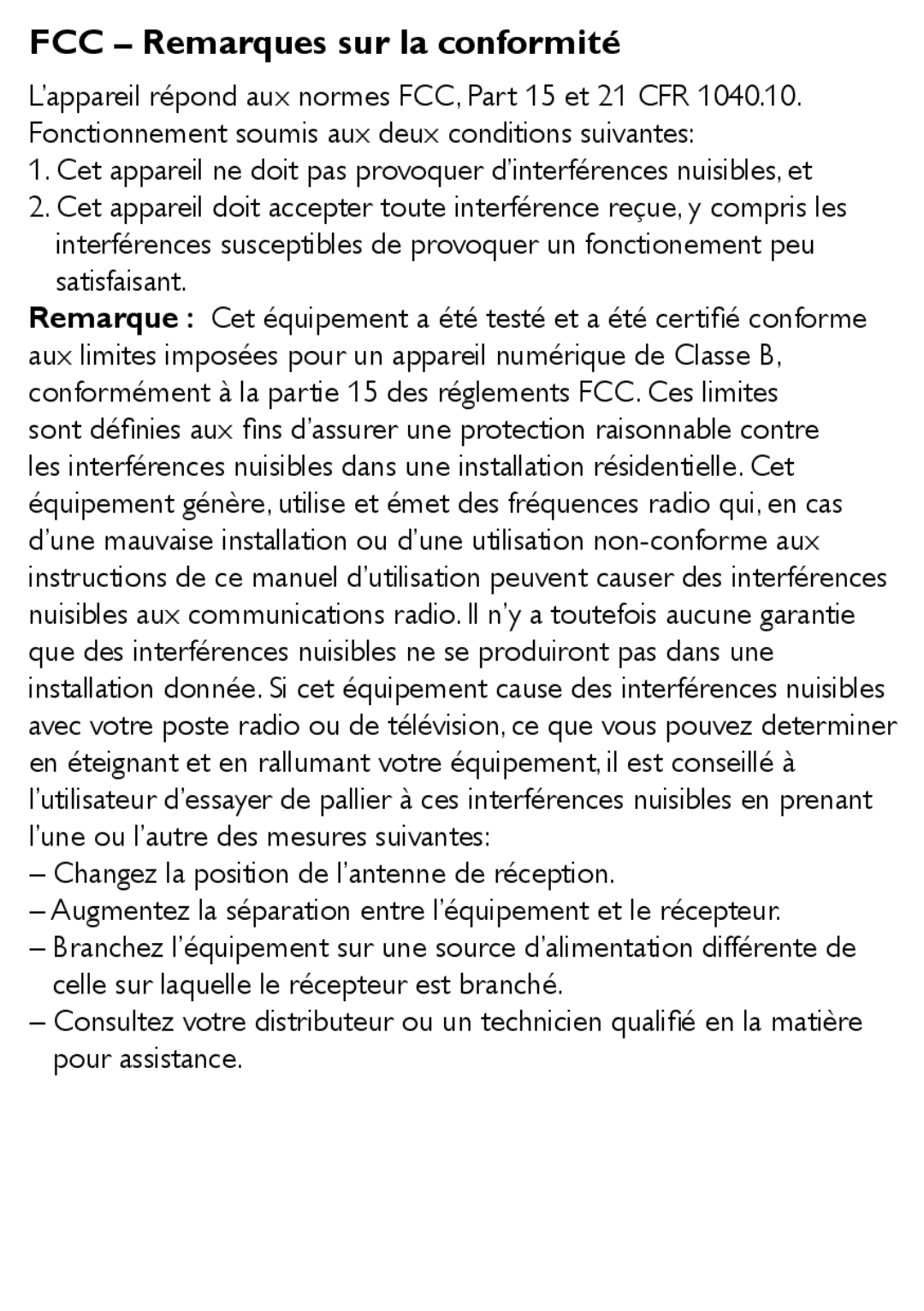 Philips WUB1110/00 user manual FCC Remarques sur la conformité 