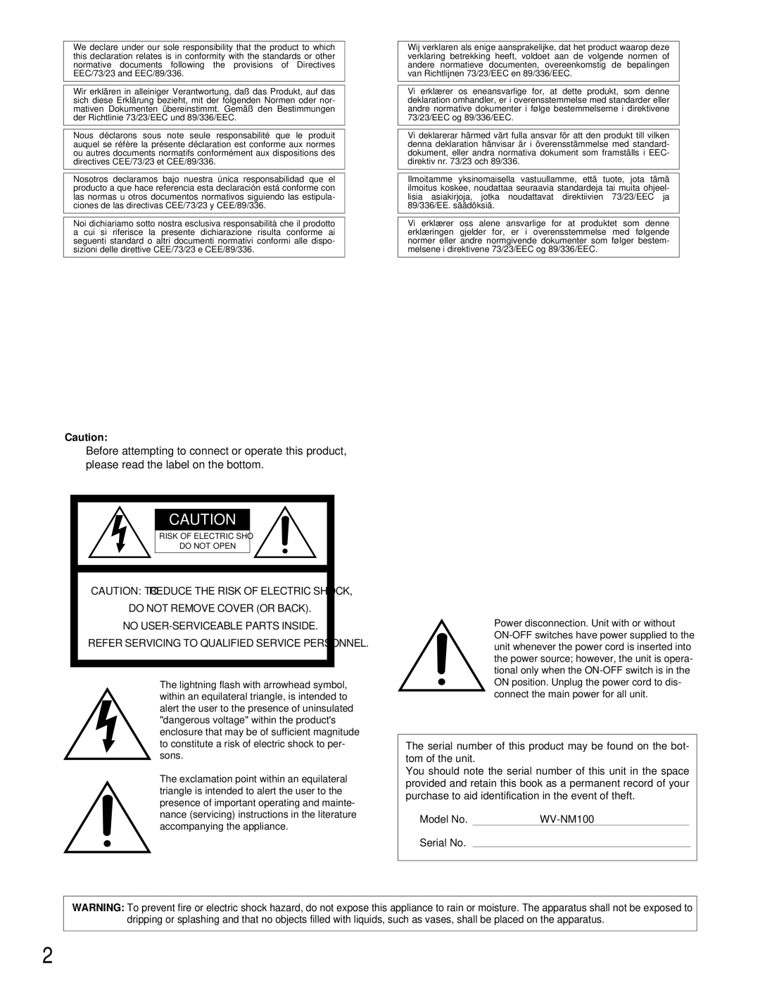 Philips WV-NM100 operating instructions Risk of Electric Shock Do not Open 