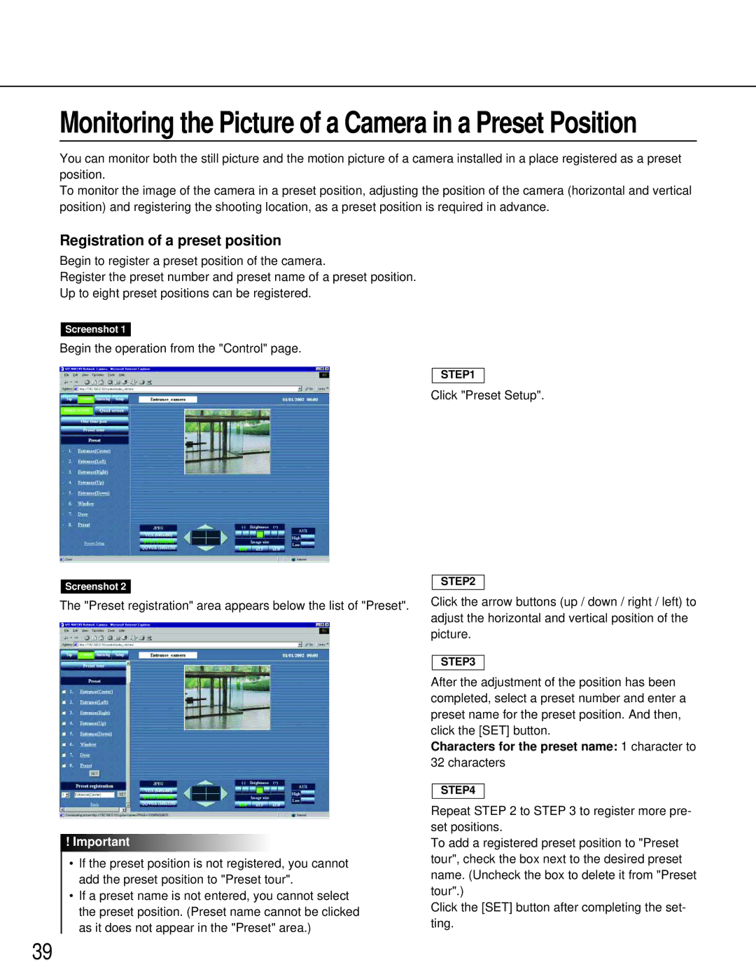 Philips WV-NM100 Monitoring the Picture of a Camera in a Preset Position, Characters for the preset name 1 character to 