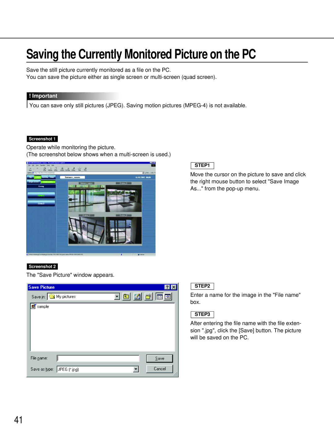 Philips WV-NM100 operating instructions Saving the Currently Monitored Picture on the PC 