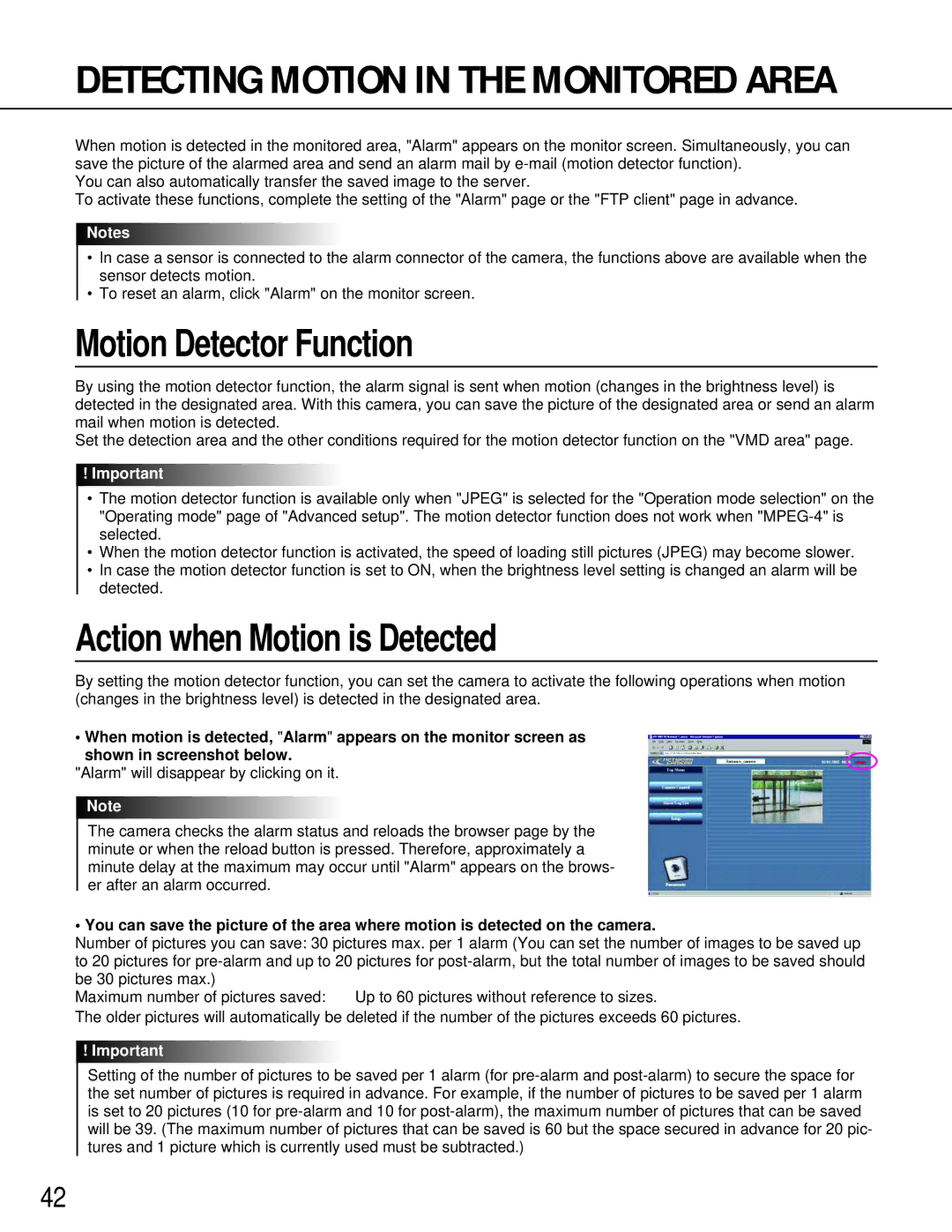 Philips WV-NM100 operating instructions Motion Detector Function, Action when Motion is Detected 