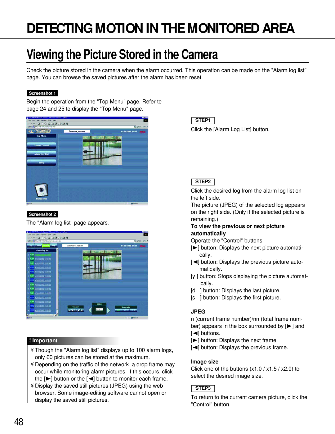 Philips WV-NM100 Viewing the Picture Stored in the Camera, To view the previous or next picture automatically 