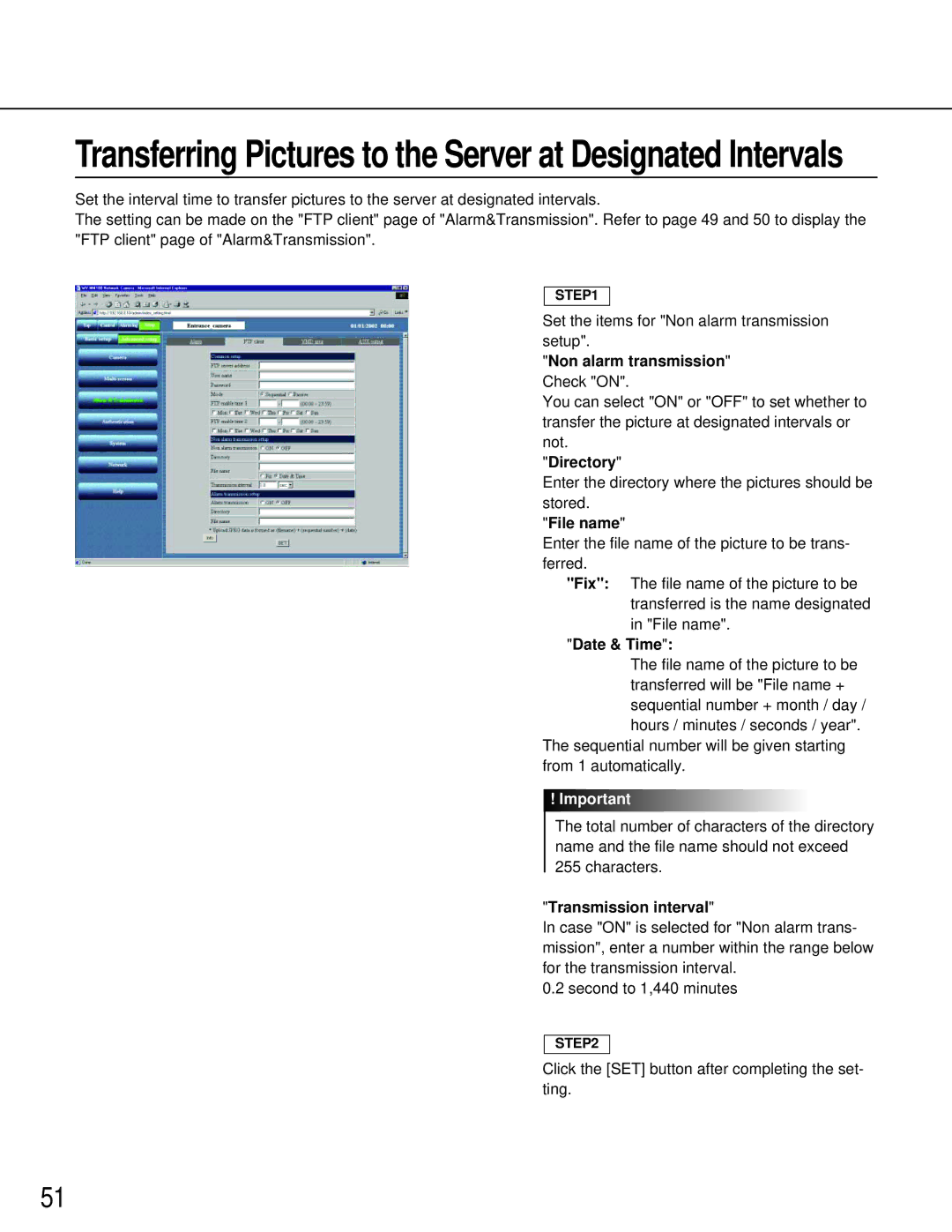 Philips WV-NM100 Non alarm transmission Check on, Directory, File name, Date & Time, Transmission interval 