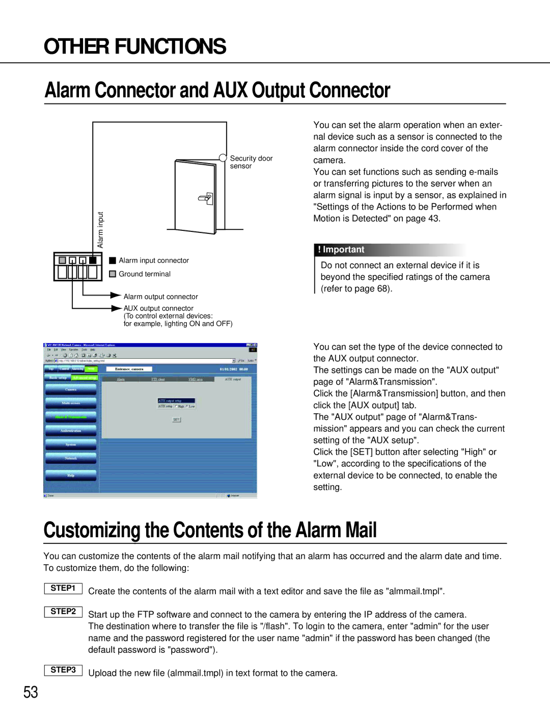 Philips WV-NM100 Other Functions, Alarm Connector and AUX Output Connector, Customizing the Contents of the Alarm Mail 