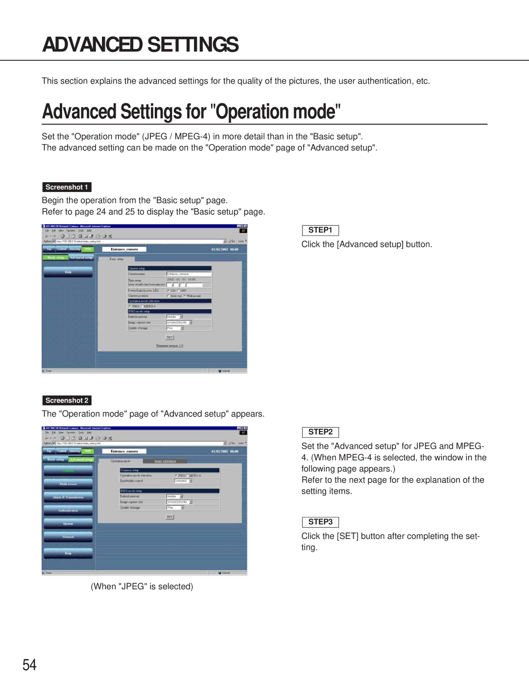 Philips WV-NM100 operating instructions Advanced Settings for Operation mode 