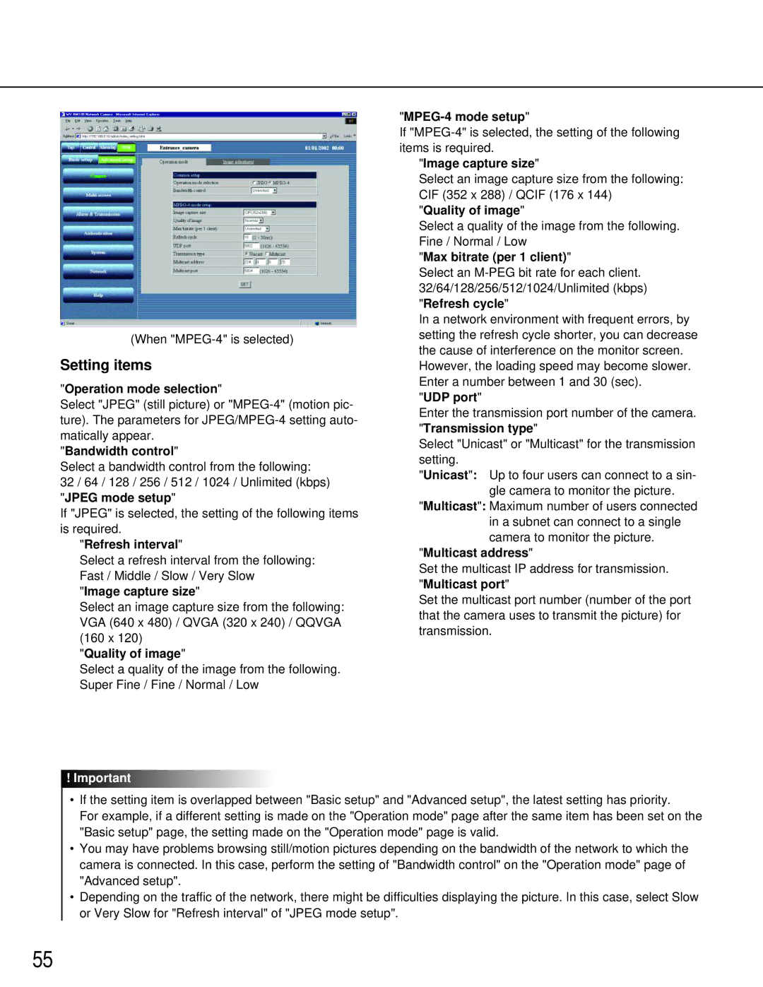 Philips WV-NM100 Operation mode selection, Bandwidth control, Refresh interval, MPEG-4 mode setup, UDP port 