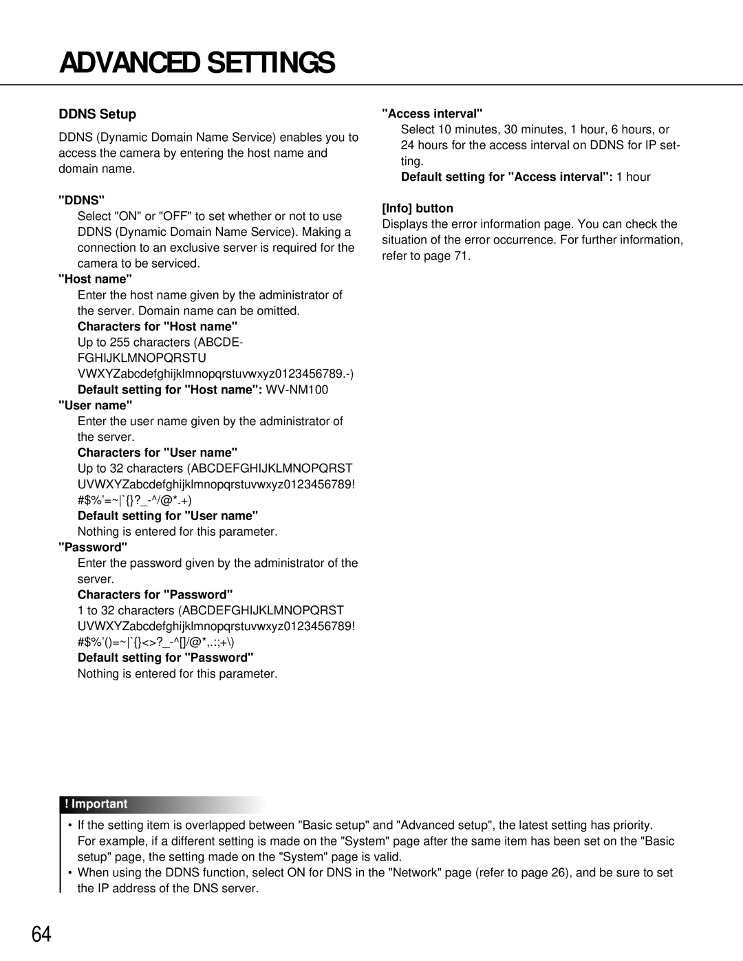 Philips Characters for Host name, Default setting for Host name WV-NM100 User name, Characters for User name 