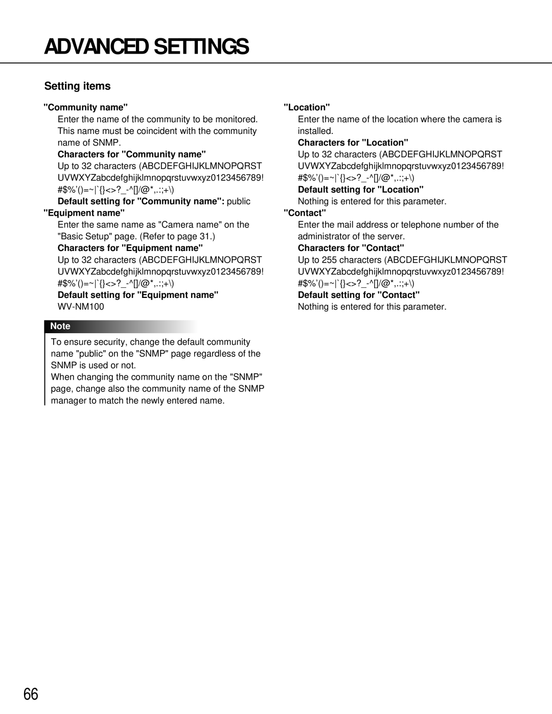 Philips WV-NM100 Characters for Community name, Default setting for Community name public Equipment name, Location 