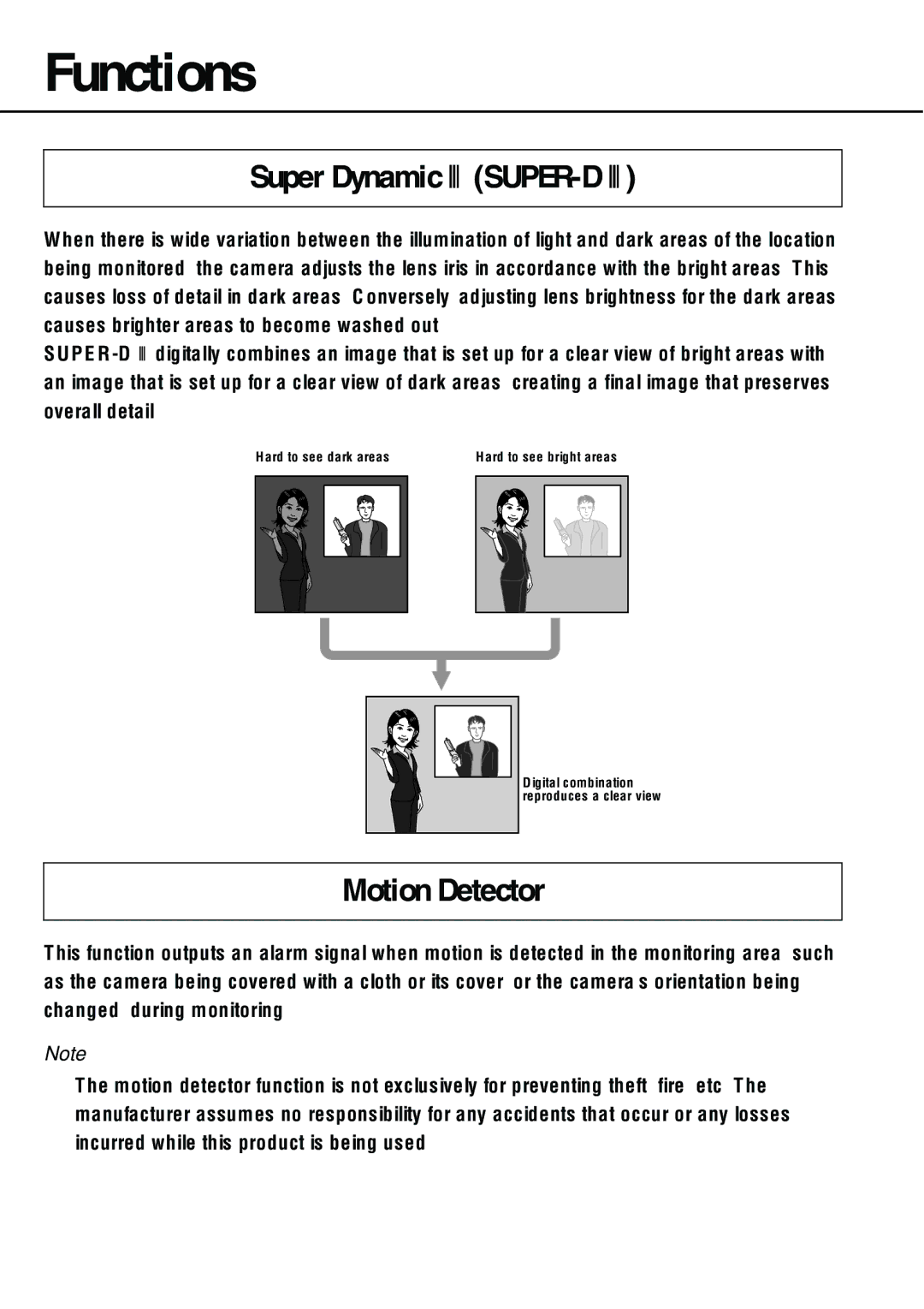 Philips WV-NW484S operating instructions Functions, Super Dynamic III SUPER-D, Motion Detector 