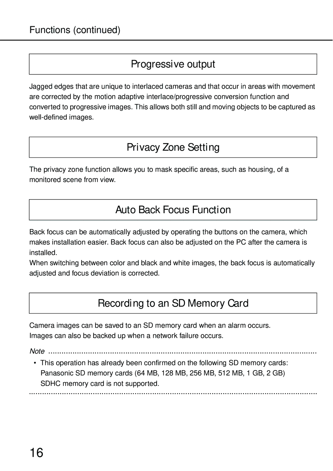 Philips WV-NW484S Progressive output, Privacy Zone Setting, Auto Back Focus Function, Recording to an SD Memory Card 