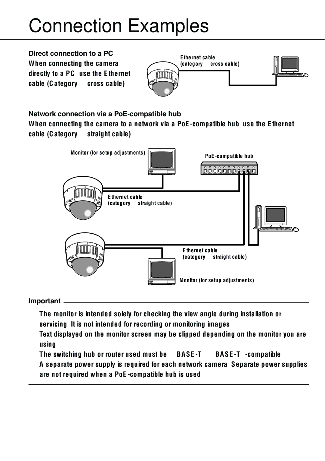 Philips WV-NW484S Connection Examples, Direct connection to a PC, Network connection via a PoE-compatible hub 