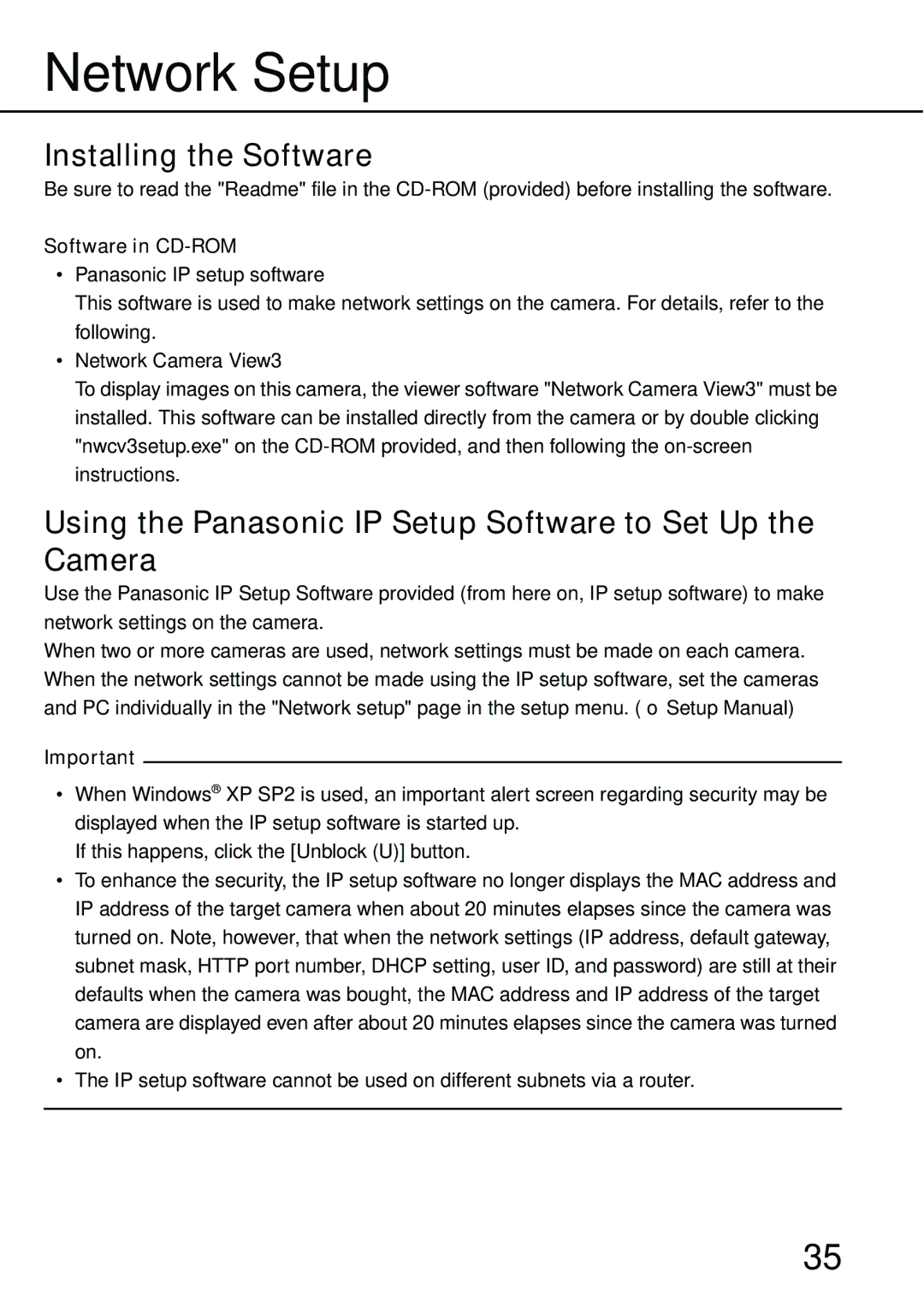 Philips WV-NW484S Network Setup, Installing the Software, Using the Panasonic IP Setup Software to Set Up the Camera 