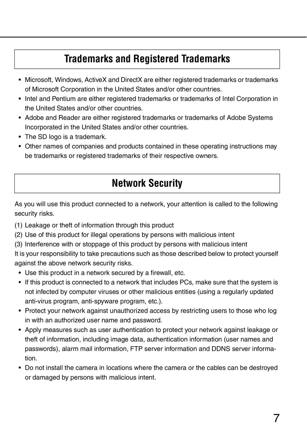 Philips WV-NW484S operating instructions Trademarks and Registered Trademarks, Network Security 