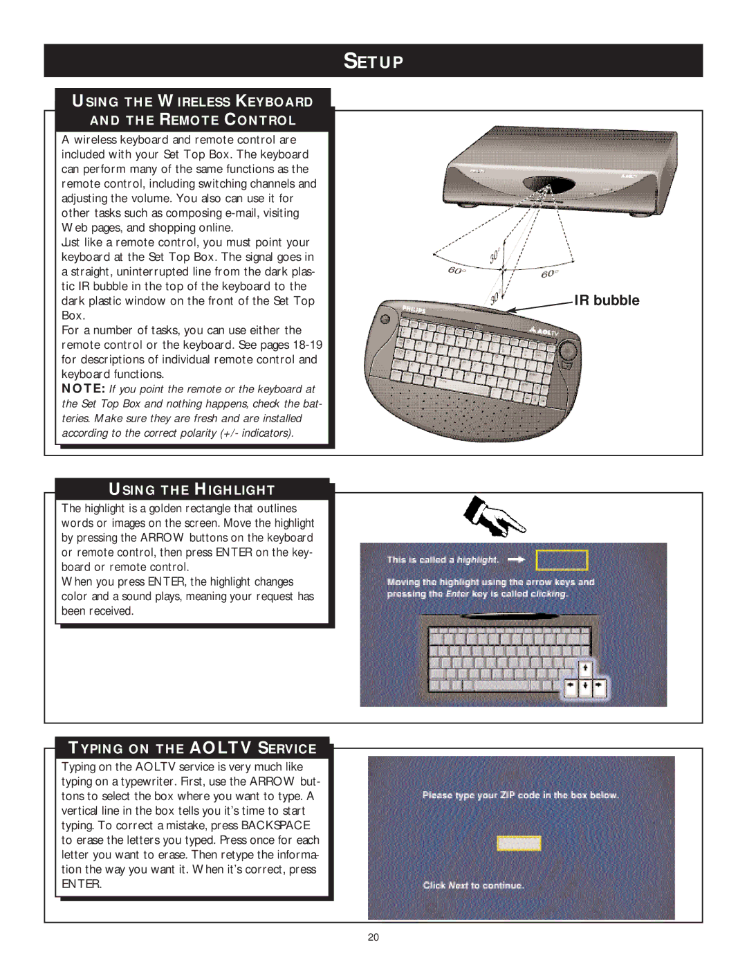 Philips WVH111 Setup, Using the Wireless Keyboard Remote Control, Using the Highlight, Typing on the Aoltv Service 