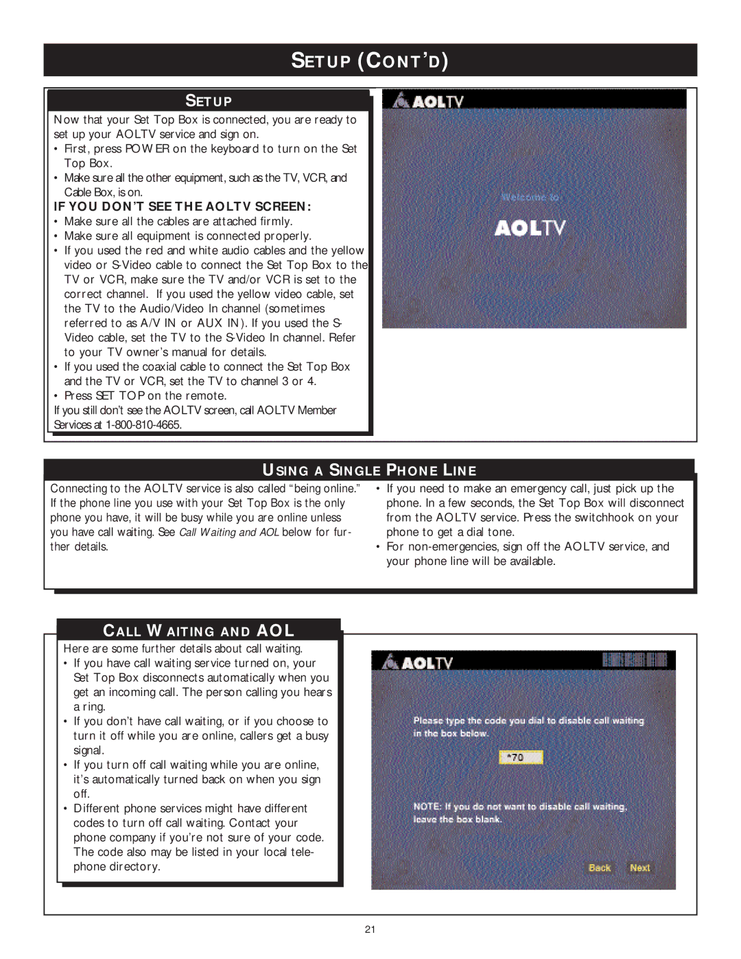 Philips WVH111 user manual Setup CONT’D, If YOU DON’T see the Aoltv Screen, Using a Single Phone Line, Call Waiting and AOL 