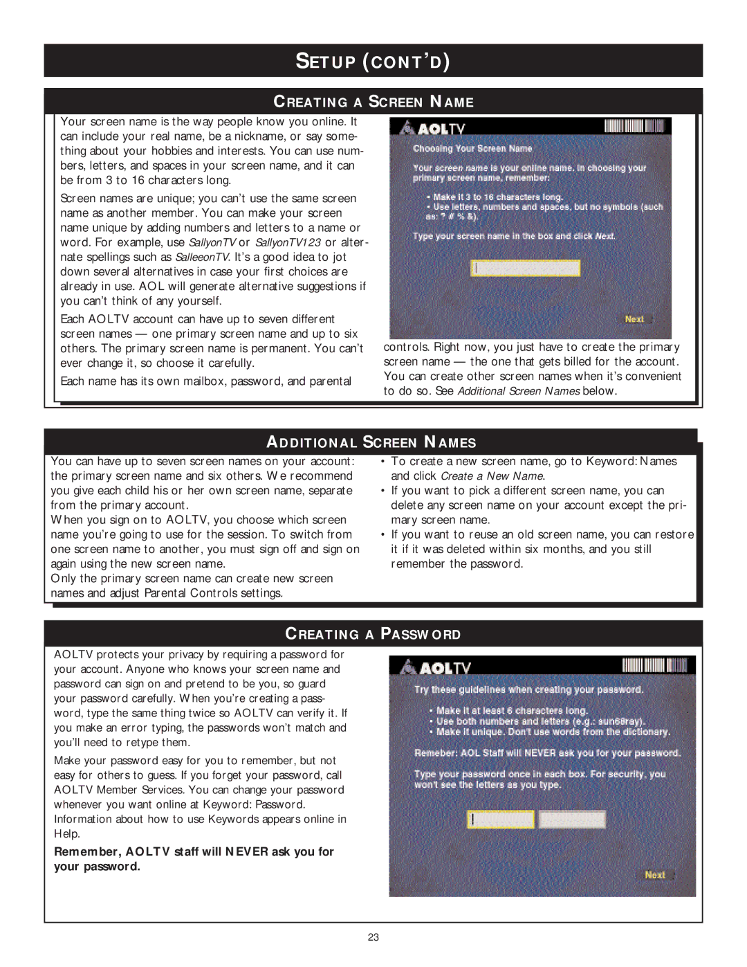 Philips WVH111 user manual Creating a Screen Name, Additional Screen Names, Creating a Password 