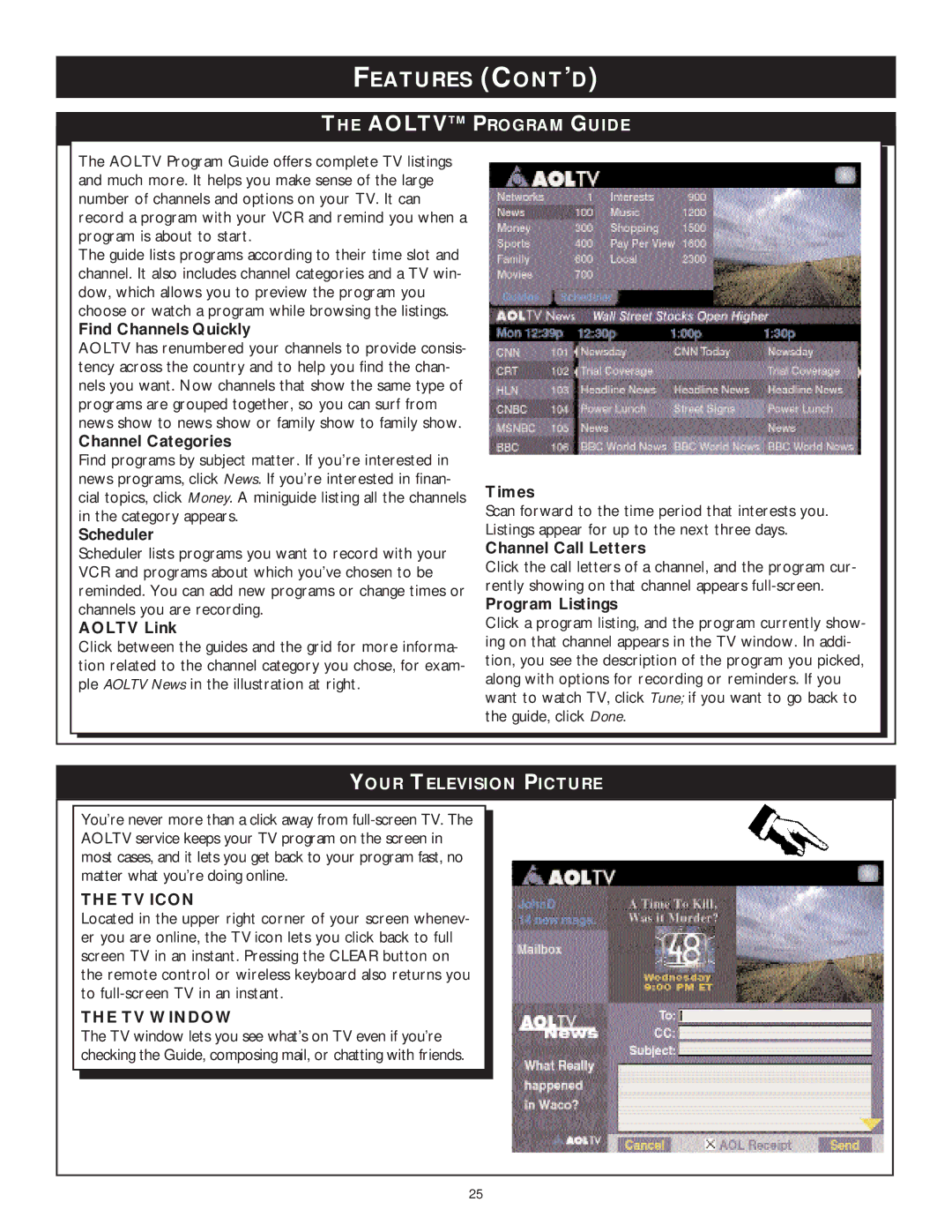 Philips WVH111 user manual Features CONT’D, Aoltvtm Program Guide, Your Television Picture, TV Icon, TV Window 