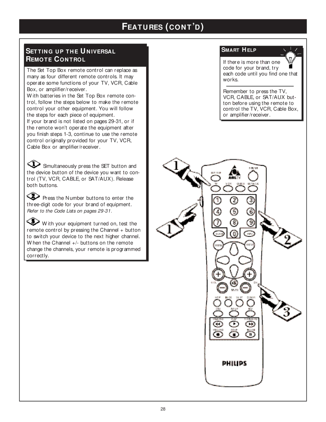 Philips WVH111 user manual Setting UP the Universal Remote Control 