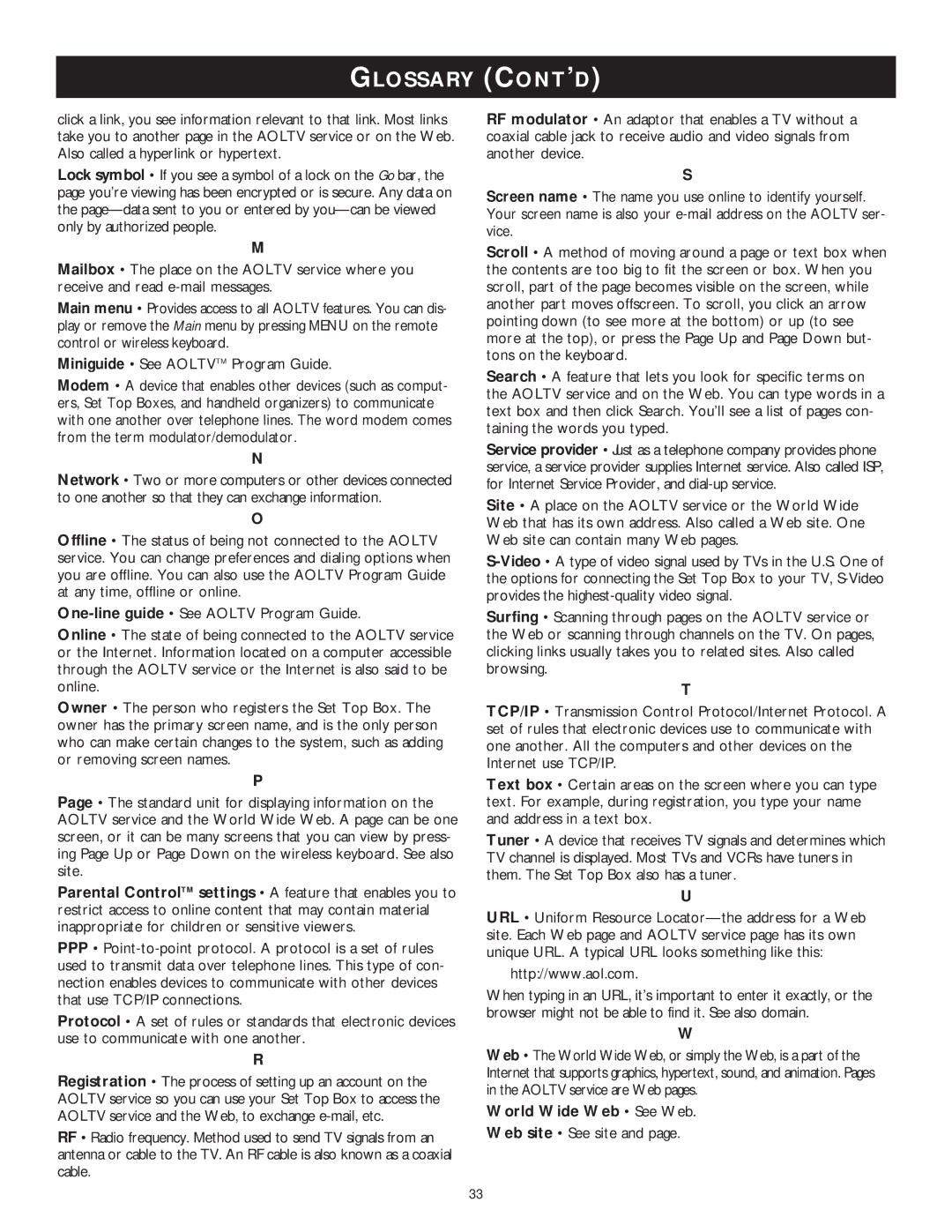 Philips WVH111 user manual Glossary CONT’D 