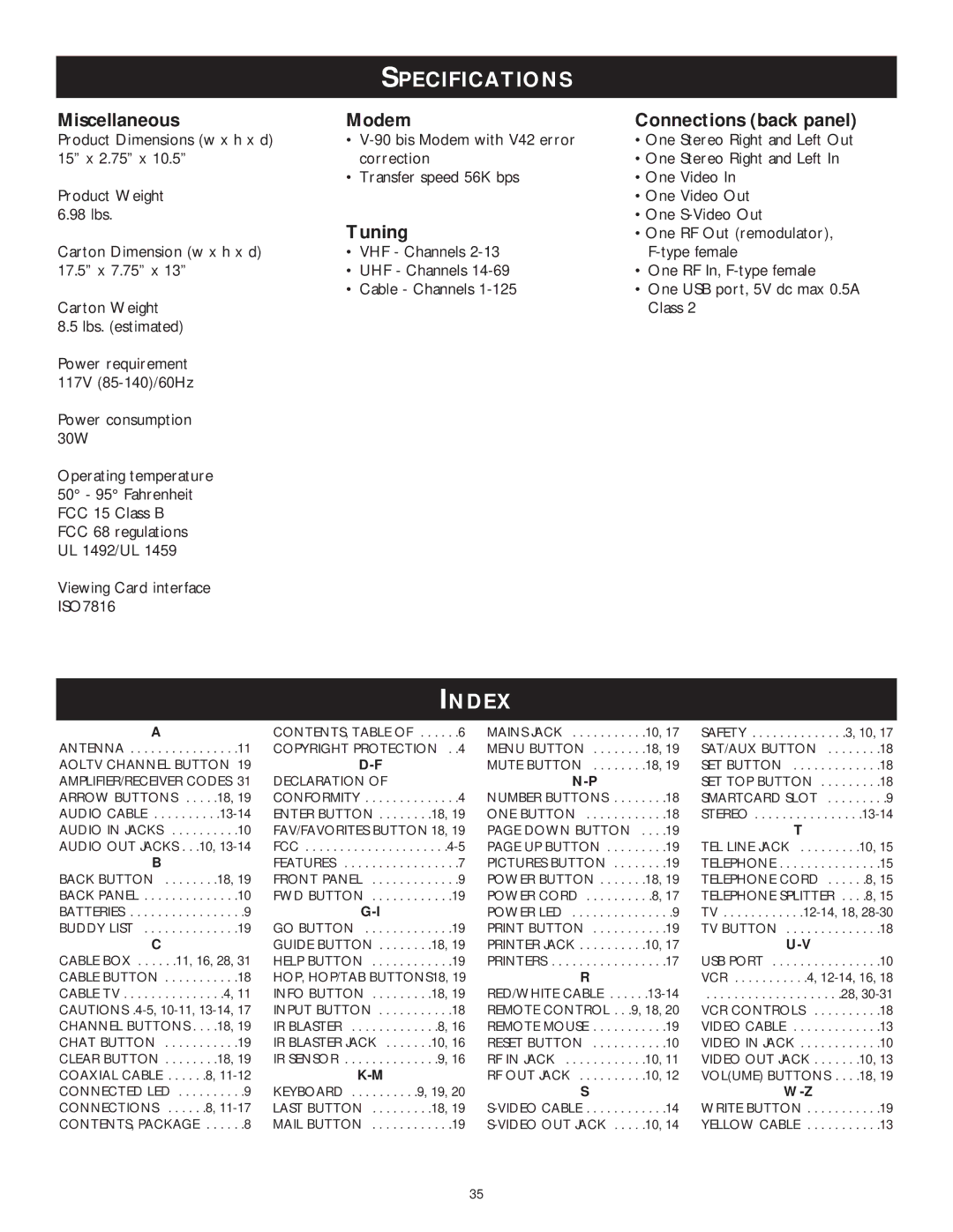 Philips WVH111 user manual Specifications, Index 