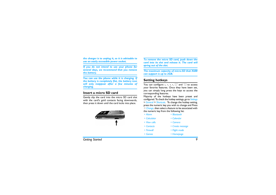 Philips X600 manual Insert a micro SD card, Setting hotkeys, General Shortcuts. To change the hotkey setting 