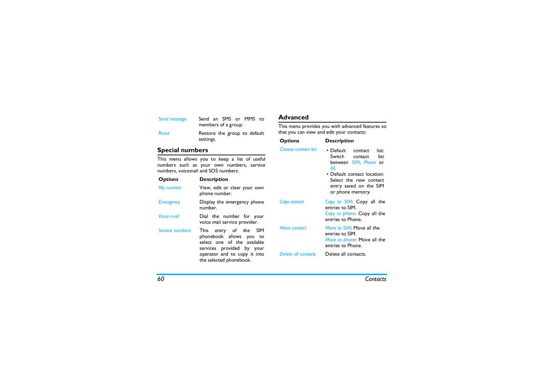 Philips X600 manual Special numbers, Options 