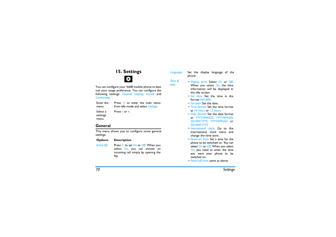 Philips X600 manual Settings, General, Languages Time & date 