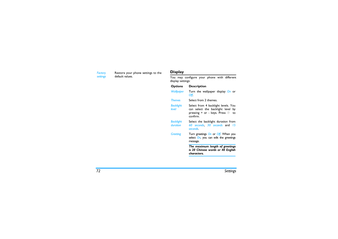 Philips X600 manual Display, Duration 60 seconds, 30 seconds and 15 seconds 