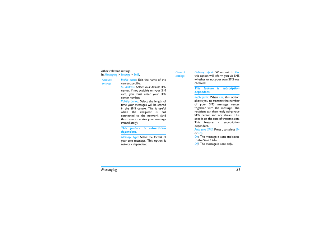 Philips X810 manual Messaging Settings SMS Account, General 