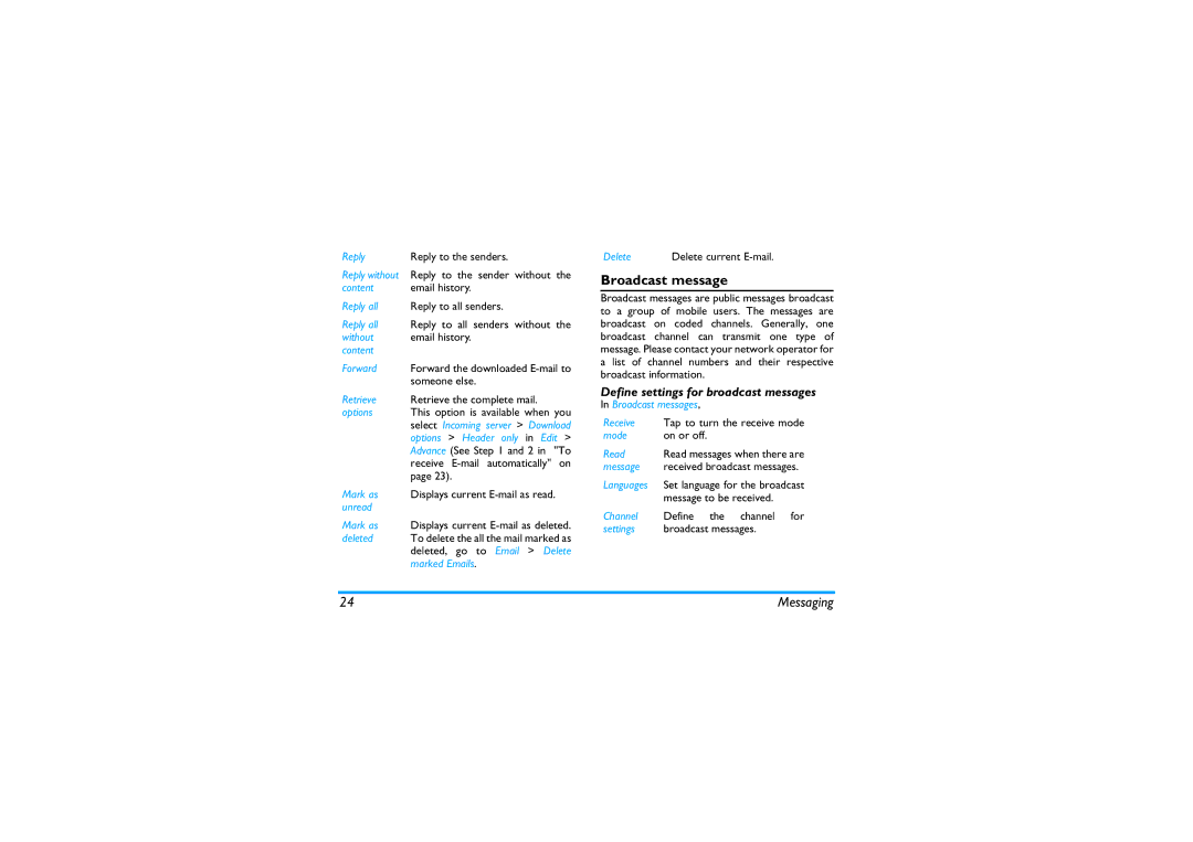 Philips X810 manual Broadcast message, Define settings for broadcast messages 