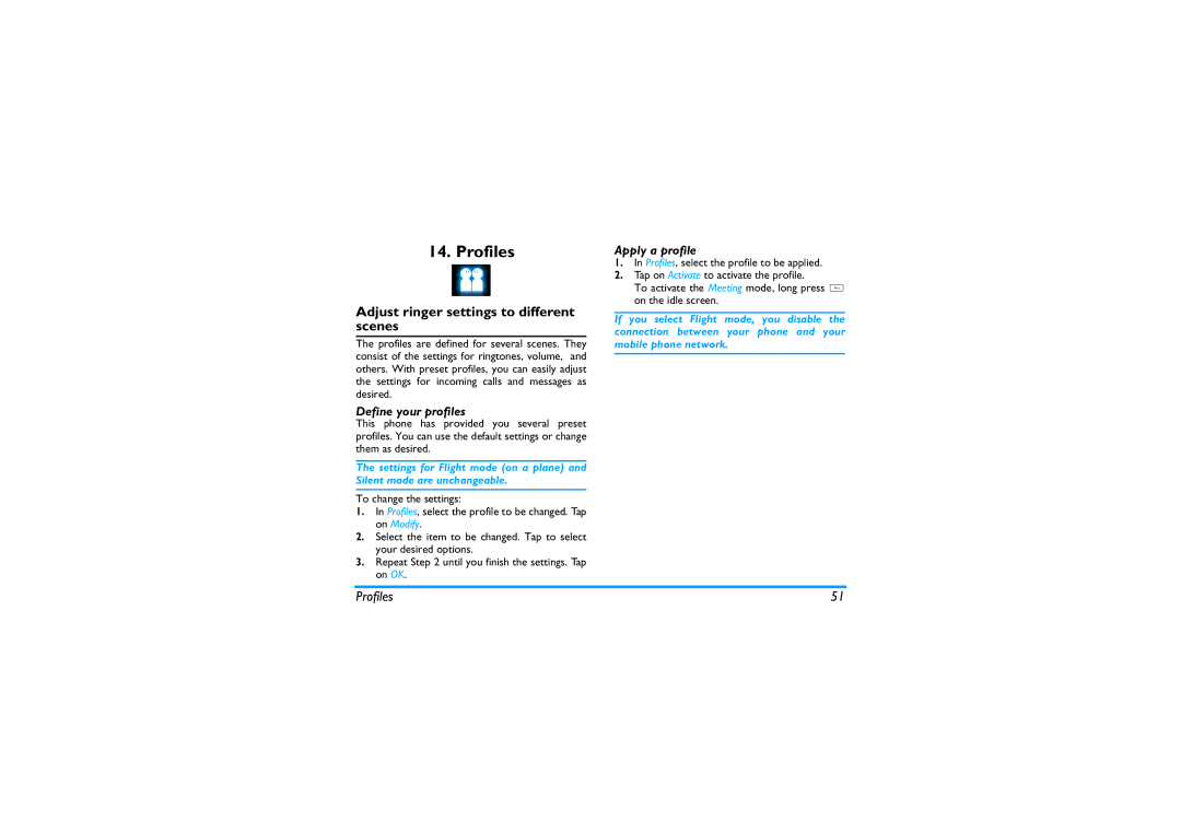 Philips X810 manual Profiles, Adjust ringer settings to different scenes, Define your profiles, Apply a profile 