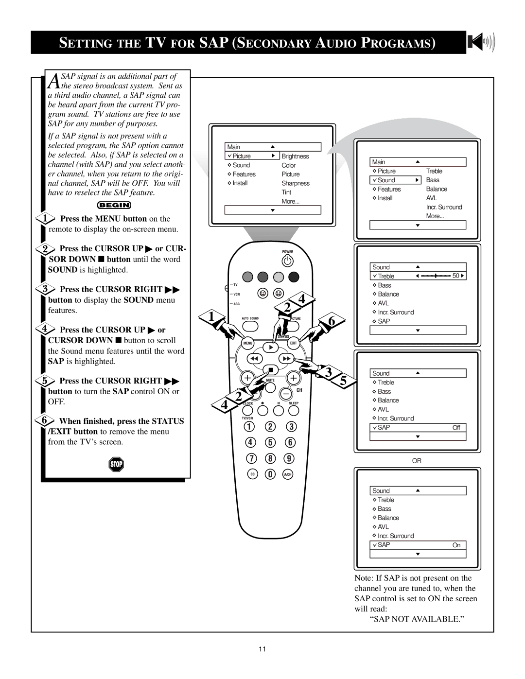 Philips XA311 manual Setting the TV for SAP Secondary Audio Programs, Press the Cursor UP or Cursor Down button to scroll 