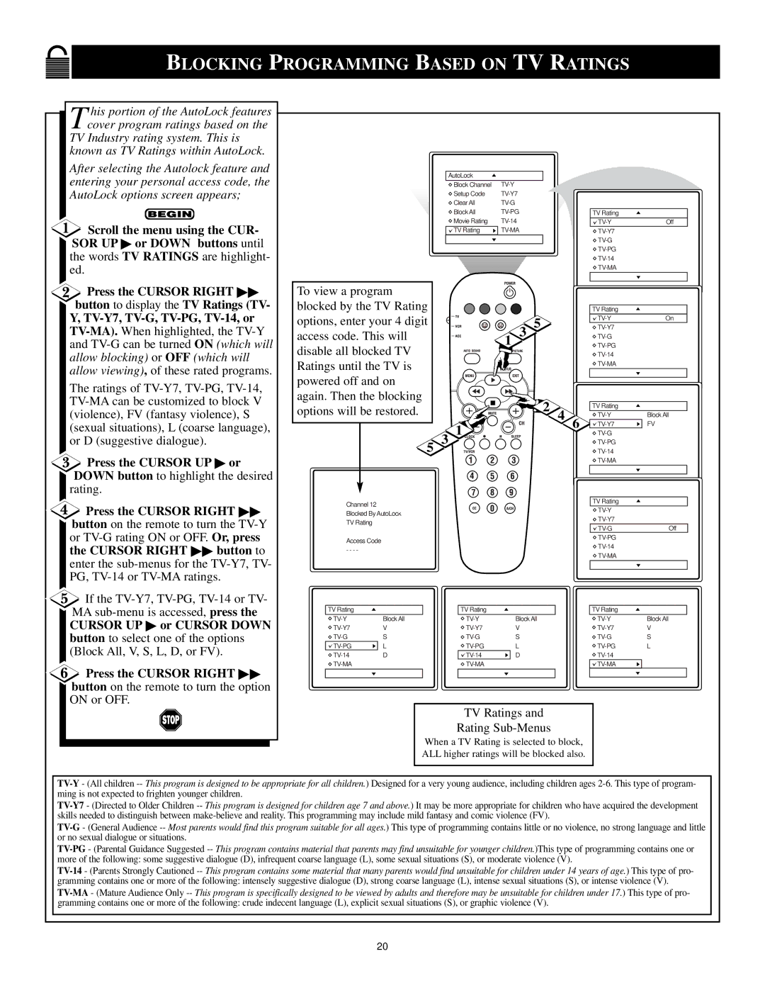 Philips XA311 manual Blocking Programming Based on TV Ratings, TV Ratings Rating Sub-Menus 