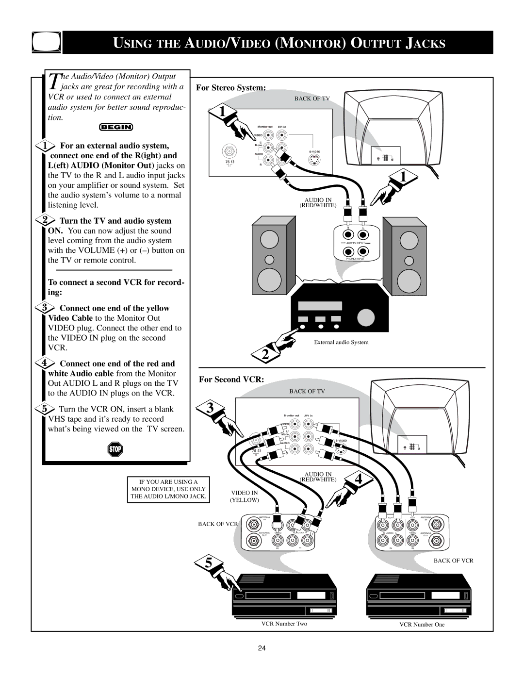 Philips XA311 manual Using the AUDIO/VIDEO Monitor Output Jacks, For Second VCR 