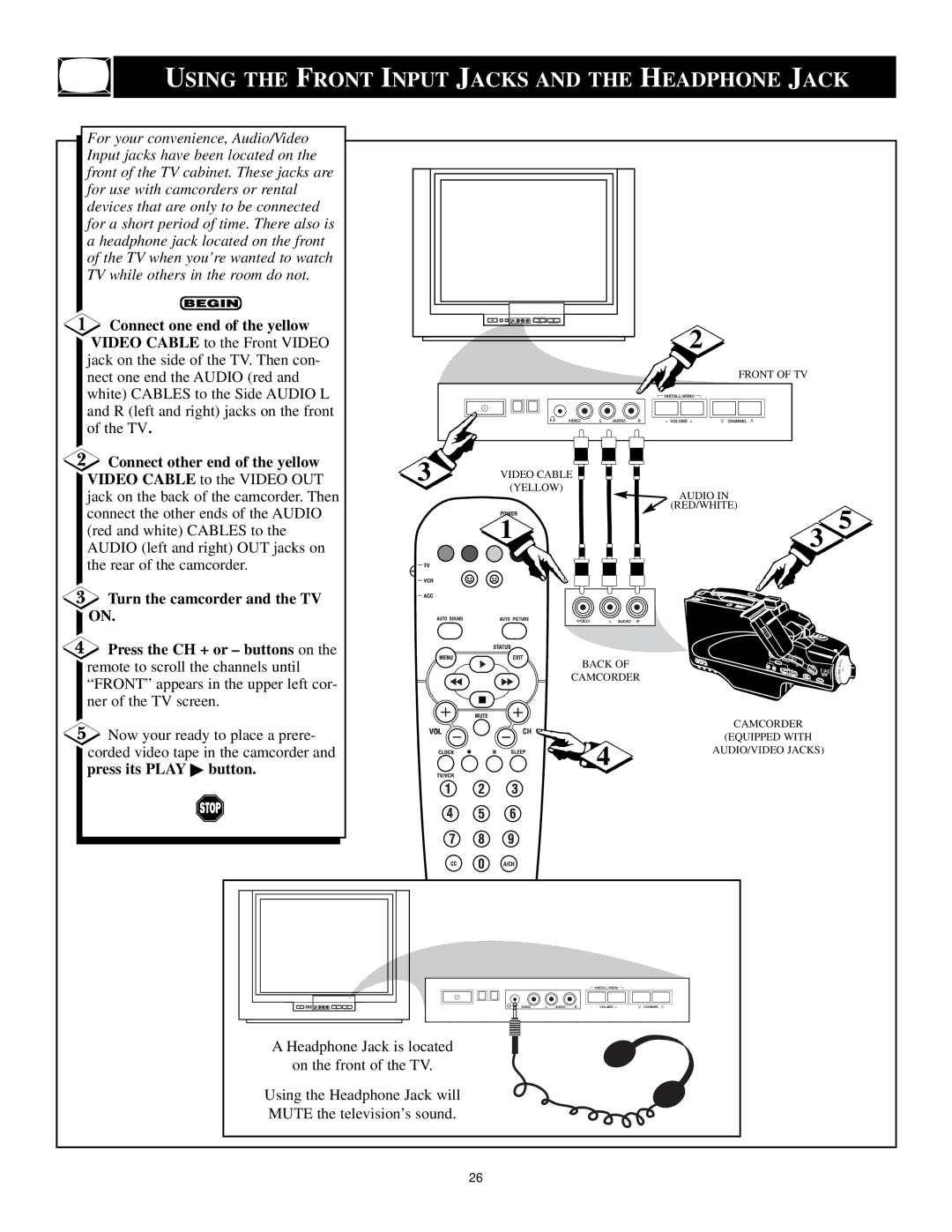 Philips XA311 manual Using the Front Input Jacks and the Headphone Jack, Press its Play button 