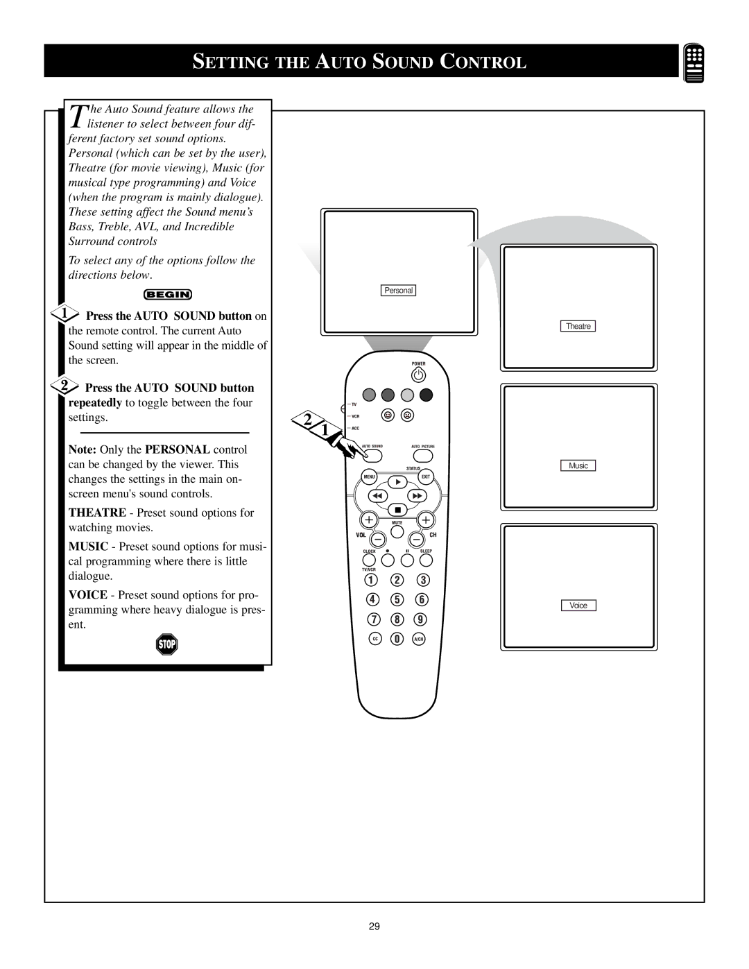 Philips XA311 manual Setting the Auto Sound Control, Press the Auto Sound button on 