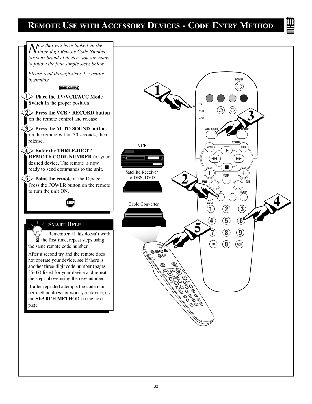 Philips XA311 Press the VCR Record button, Press the Auto Sound button, Enter the THREE-DIGIT Remote Code Number for your 