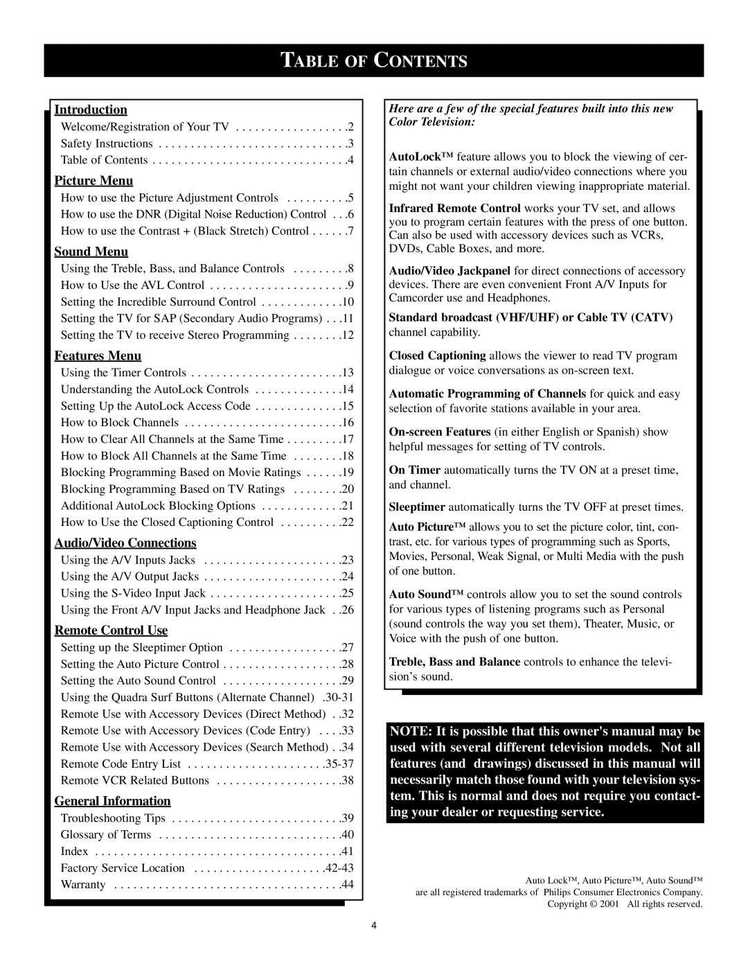 Philips XA311 manual Table of Contents 